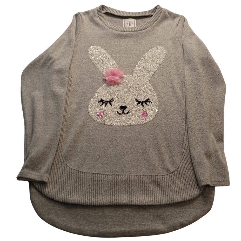 Colortree Sweater Girl's Sequin Bunny High Low Hem 14 Gray Long Sleeve Size L